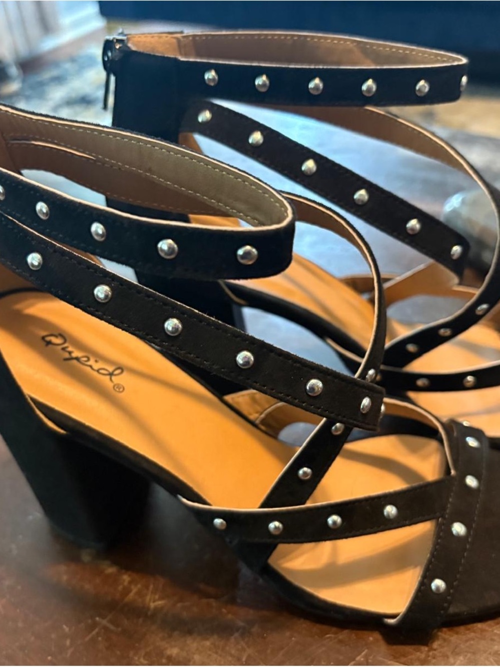 Qupid Black Studded Strappy Block Heels